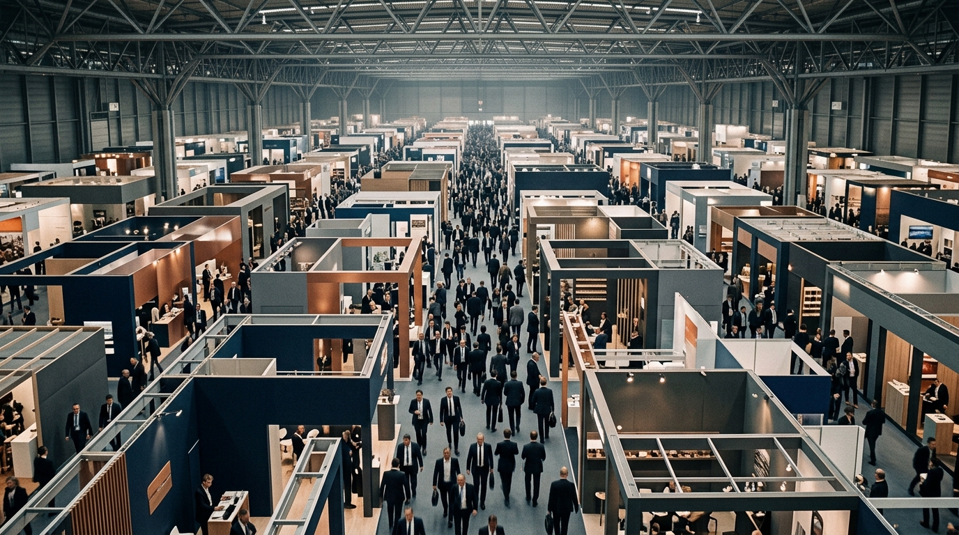 An international trade-show floor with national pavilions