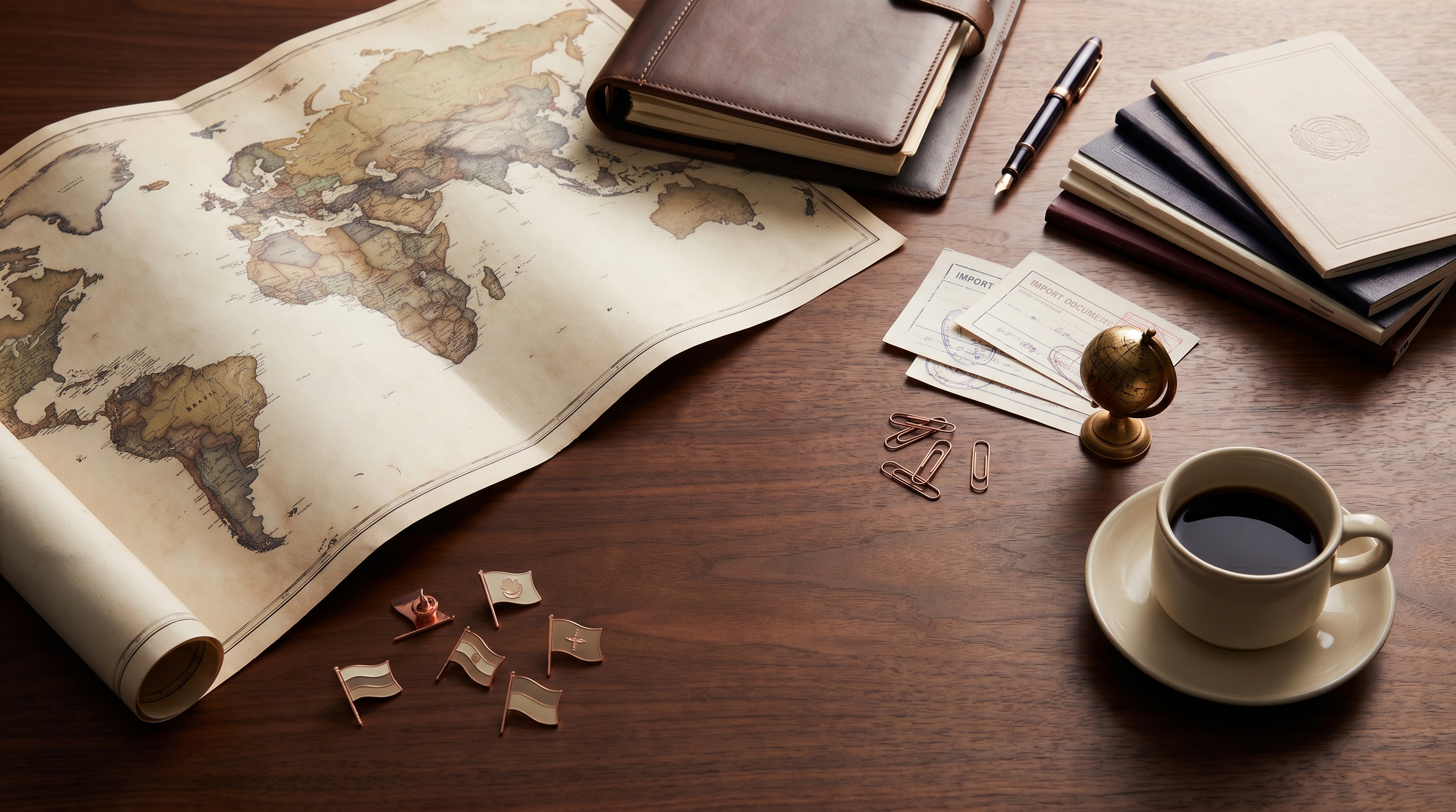 Editorial diplomatic-style desk with a folded world map, a small globe, neutral national-flag pins, a leather portfolio, and trade booklets in soft museum lighting.